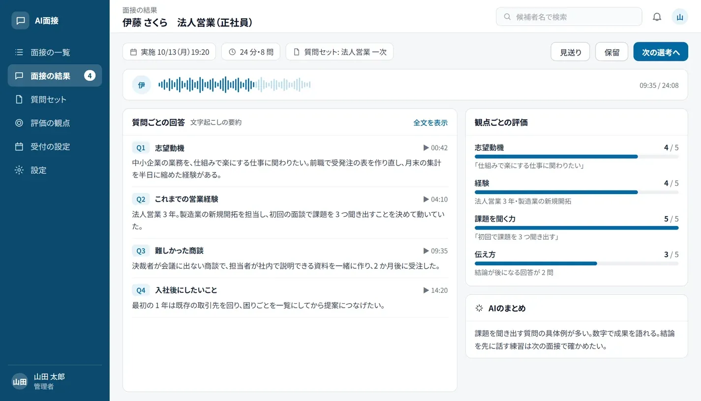 面接の結果の画面。質問ごとの回答の要約、観点ごとの評価、AIのまとめを並べた画面