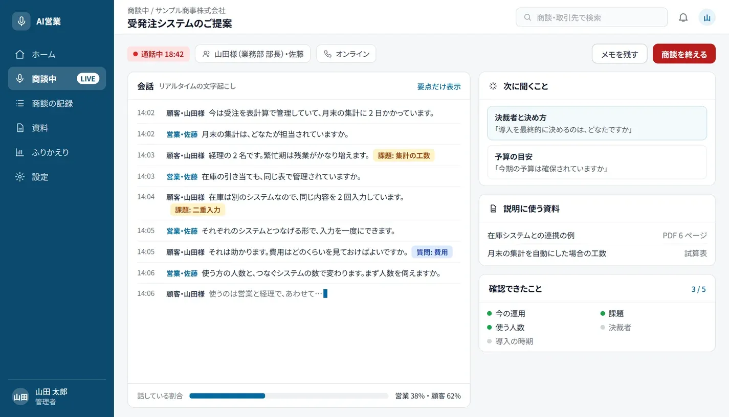 商談中の画面。会話の文字起こし、次に聞くこと、説明に使う資料、確認できたことを並べた画面