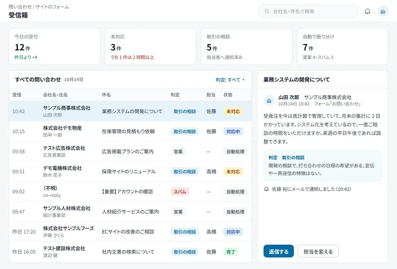 問い合わせ対応のタブレット画面